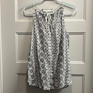 LOFT white and navy embroidered flowy high-neck tank top, size M